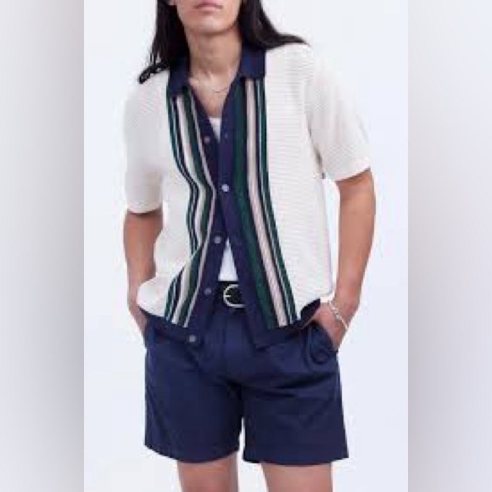 Madewell Men’s Striped Polo Cardigan Sweater-Medium